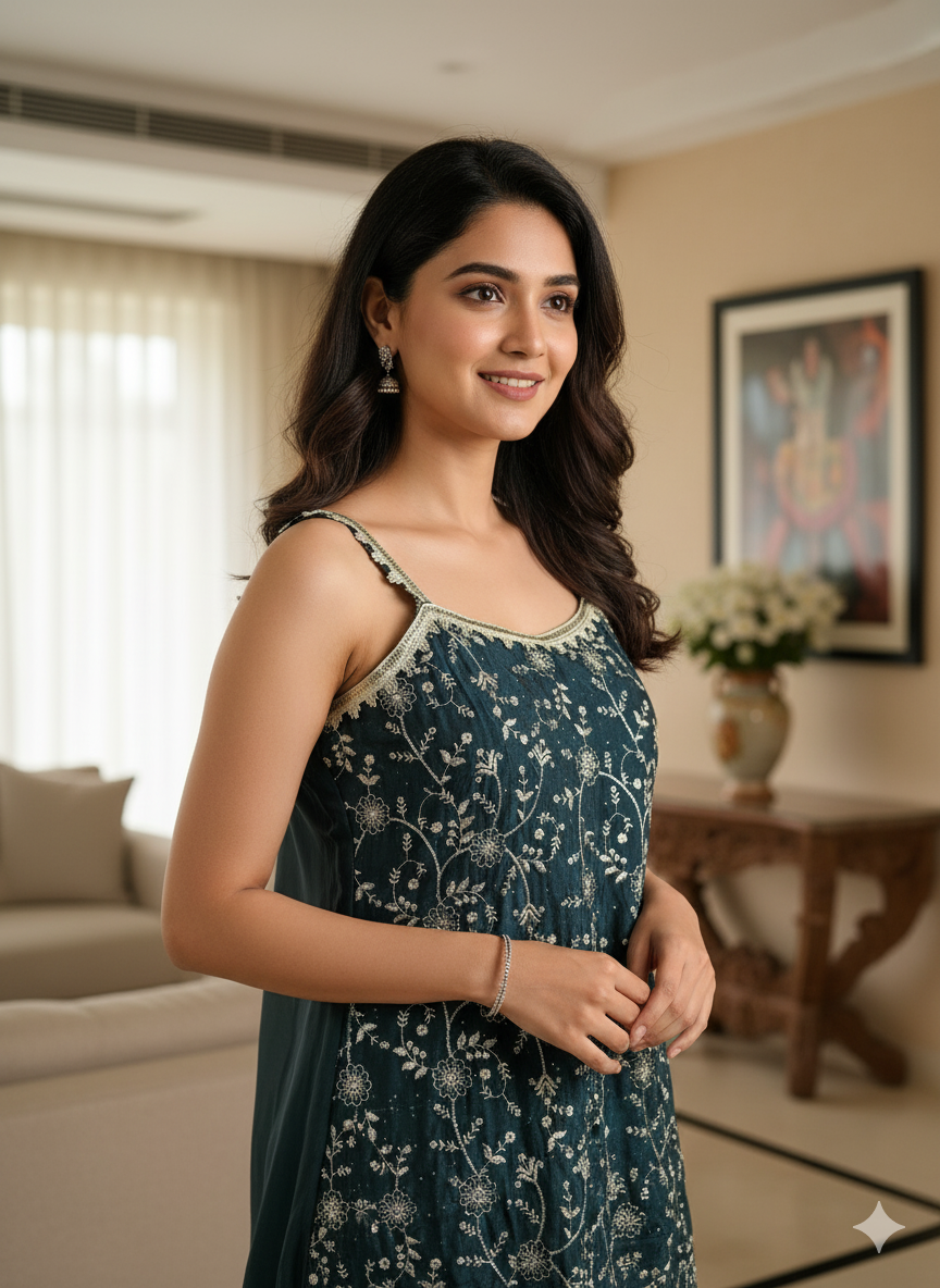 Elegant Deep teal Embroidered Sharara suit set