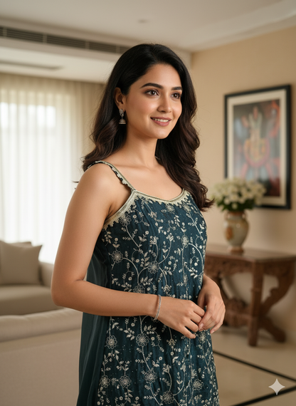 Elegant Deep teal Embroidered Sharara suit set