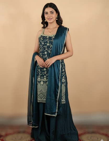Elegant Deep teal Embroidered Sharara suit set