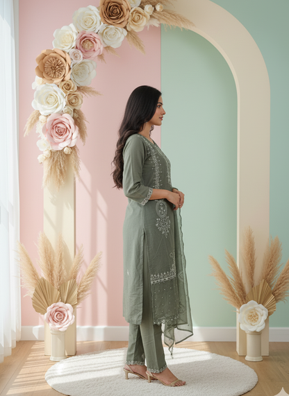 Woman in a green outfit standing in front of a floral arch and decorative wall.