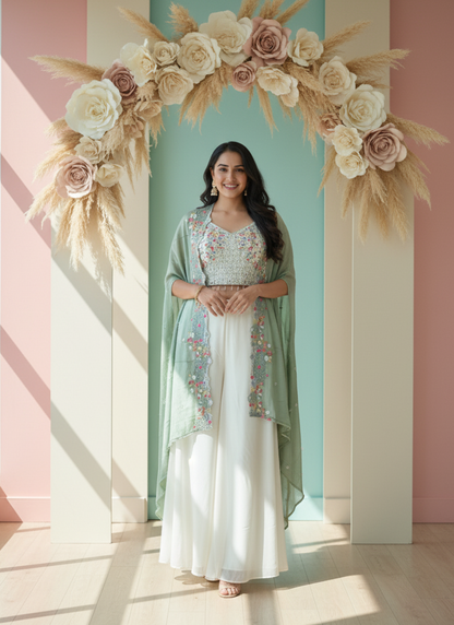 Woman in a floral dress standing in front of a decorative arch with flowers and dried grasses against a pastel-colored wall.