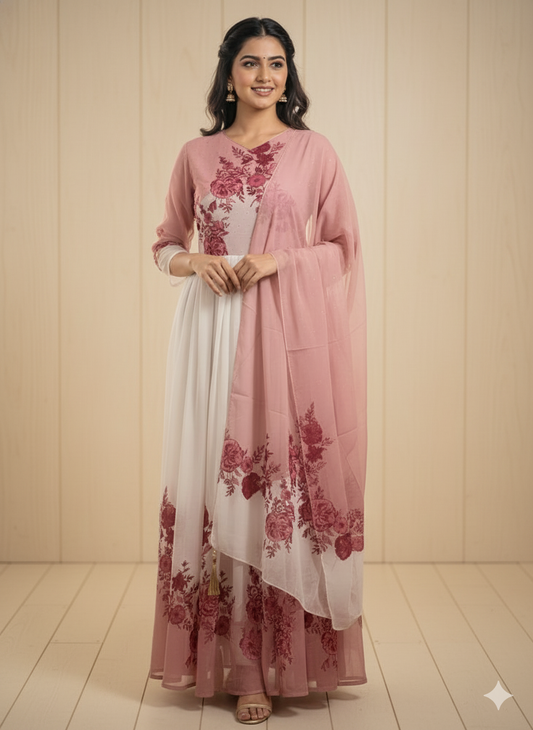 Floral Pink and White Anarkali Suit