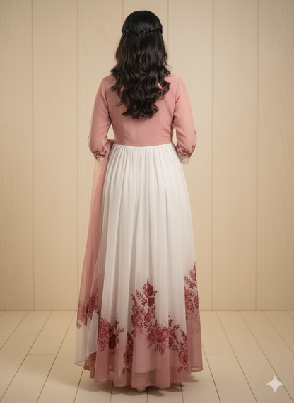 Floral Pink and White Anarkali Suit
