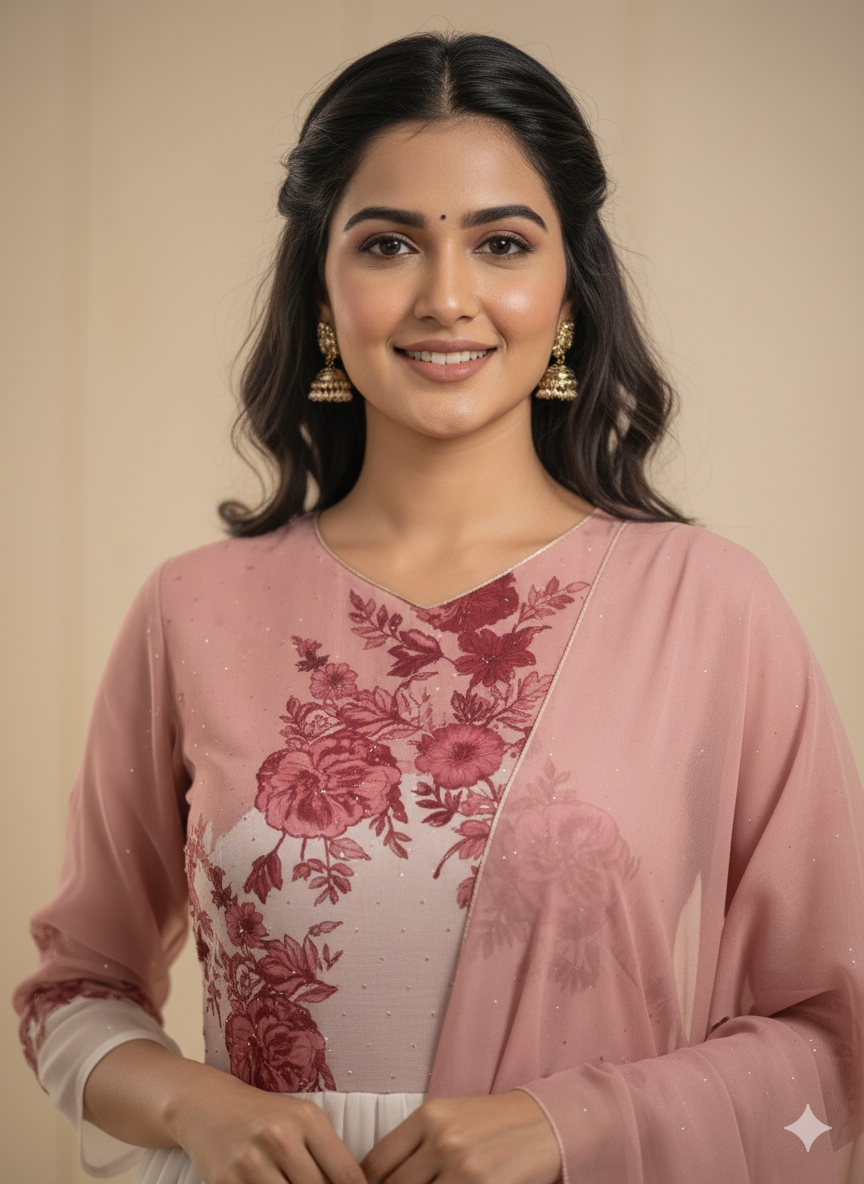 Floral Pink and White Anarkali Suit